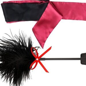 Faux Leather Feather Tickler and Red Satin Blindfold NEW SEALED